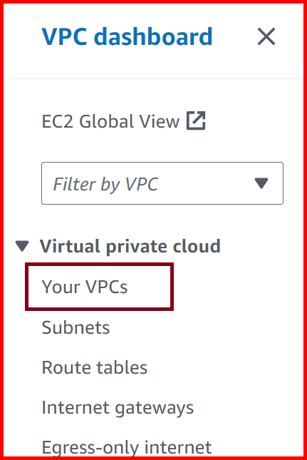 Picture showing Your VPCs menu on the left-hand side